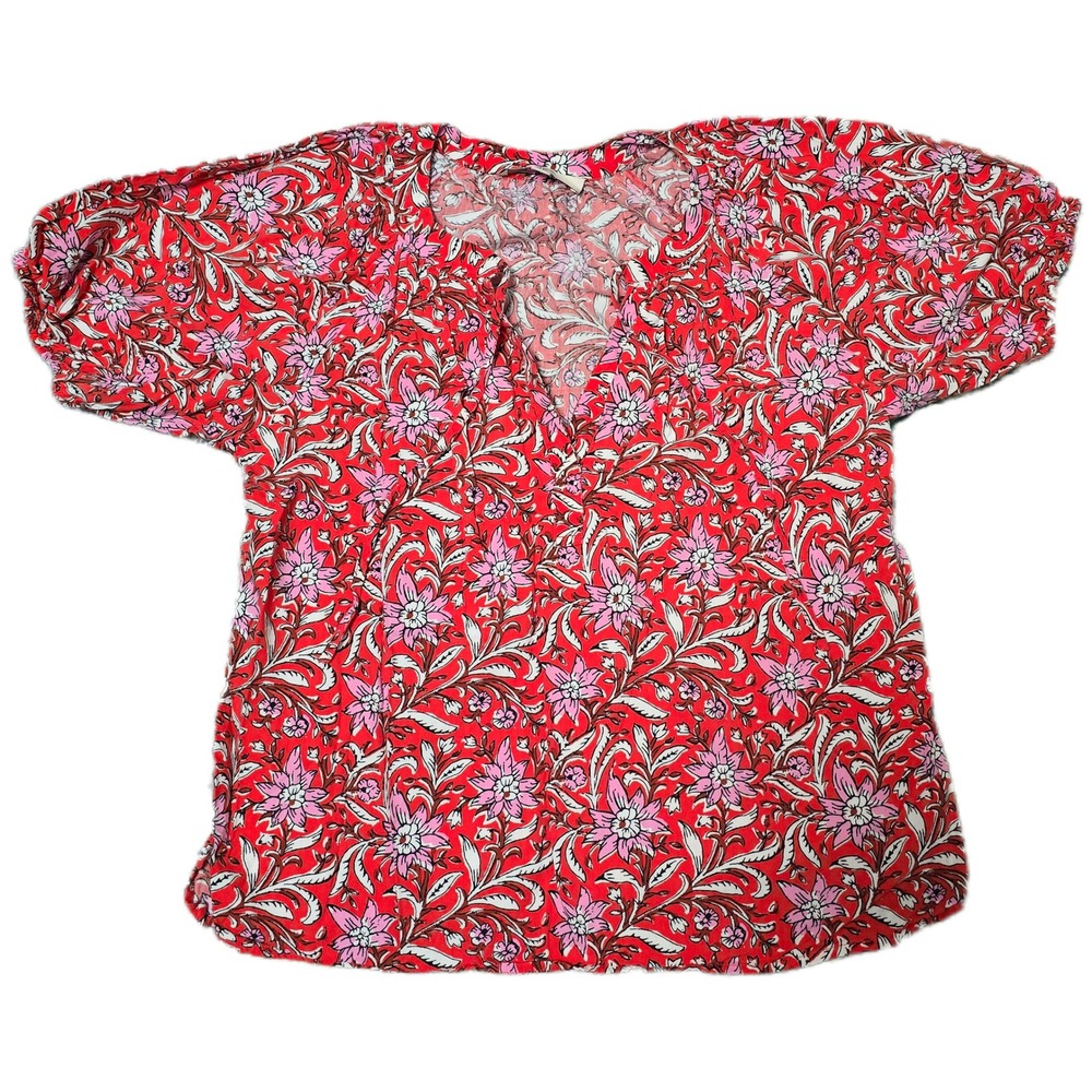 LOFT Floral Blouse Women S Red Pink Excellent Split Neck Short Puff Sleeve